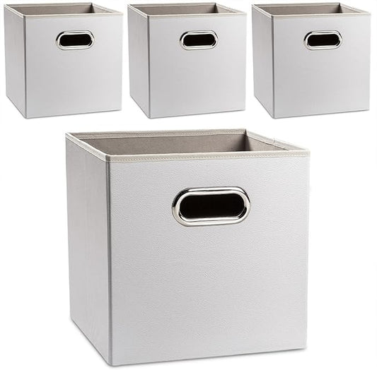 PRANDOM Leather Foldable Cube Storage Bins 11x11 inch [4-Pack] Fabric Storage Baskets Cubes Drawer with Cotton Handles Organizer for Shelves Nursery Closet Bedroom Clothes Cream-NeatNest