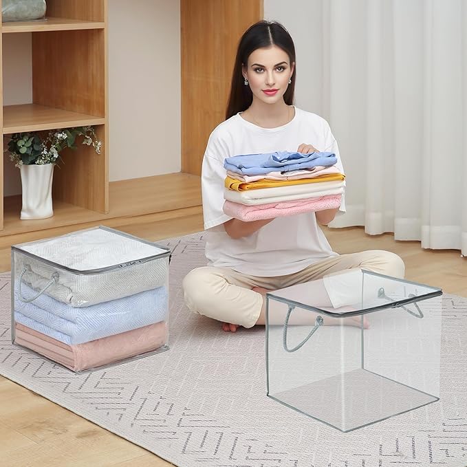 10 PCS Clear Zippered Storage Bags with Handles,Sweater Storage with Two-way Zipper,Foldable Closet Organizer Bed Sheet Organizer,Cube Plastic Organizer,Bag,Bin,for Clothes,Towel-GY-NeatNest