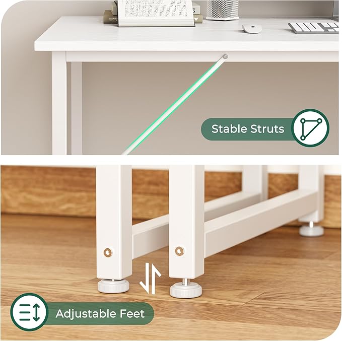 Huuger Computer Desk, 55 Inch Home Office Desk, Gaming Writing Work from Home Study Desk, Large Legroom, Sturdy Metal Frame, Modern Simple, White-NeatNest