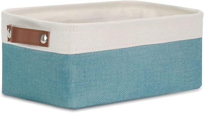 DULLEMELO Small Collapsible Fabric Basket for Organizing, Shelves, Closets, Laundry, Nursery, Decorative Gift Basket (White & Teal)-NeatNest