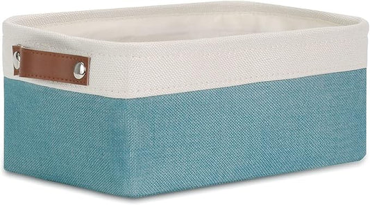 DULLEMELO Small Collapsible Fabric Basket for Organizing, Shelves, Closets, Laundry, Nursery, Decorative Gift Basket (White & Teal)-NeatNest