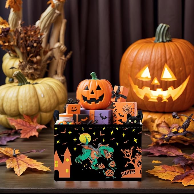 Halloween Basket Gift Cute Pumpkin Ghost Parties Decor Kid Trick or Treat Basket for Boys and Girls Rectangular Storage Bin Box (Dinosaur)-NeatNest