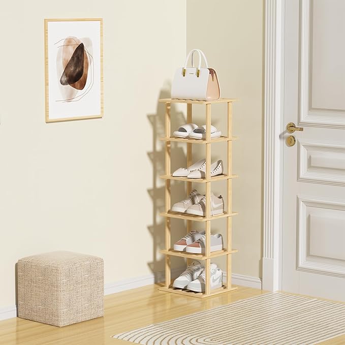 6-Tier Bamboo Shoe Rack - Vertical Shoe Rack for Small Spaces, Tall Narrow Shoe Rack Organizer for Closet Entryway Corner Garage and Bedroom,Free Stackable DIY，Primary Colours-NeatNest