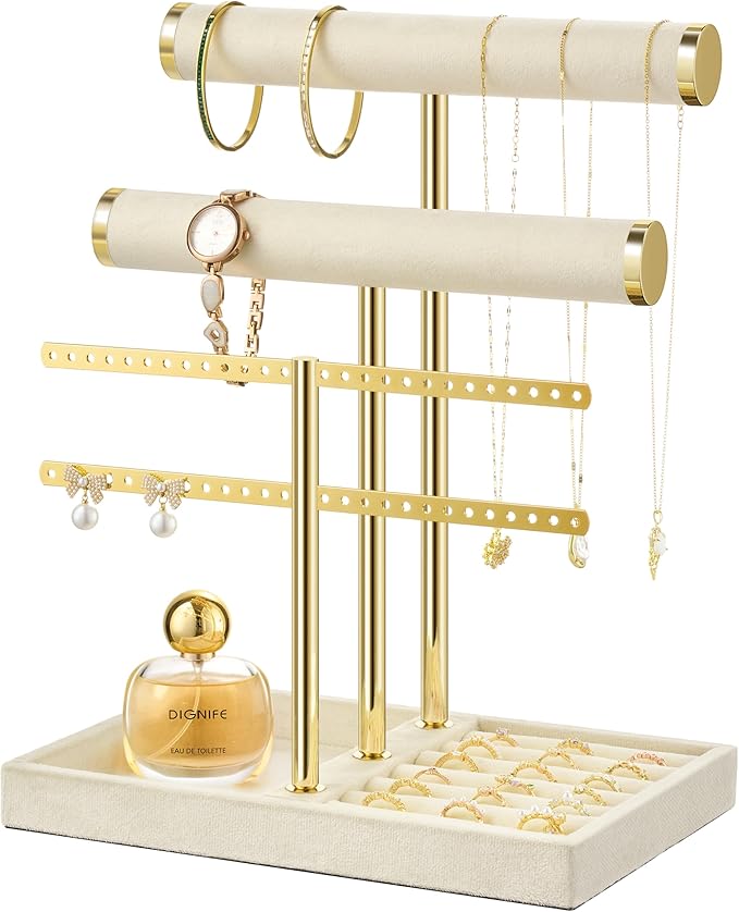 3 Tier Bracelet Holder Display - Detachable T Bar Beige Velvet Bracelet Holder, Jewelry Holder Organizer for Bracelet, Necklace, Earrings, Rings