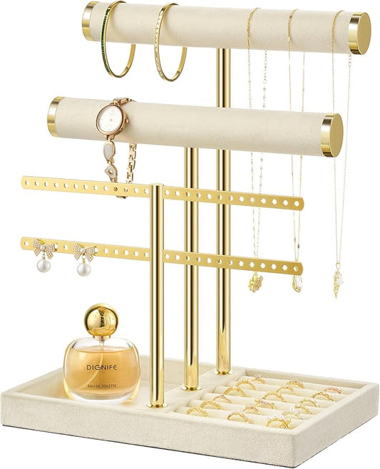 3 Tier Bracelet Holder Display - Detachable T Bar Beige Velvet Bracelet Holder, Jewelry Holder Organizer for Bracelet, Necklace, Earrings, Rings