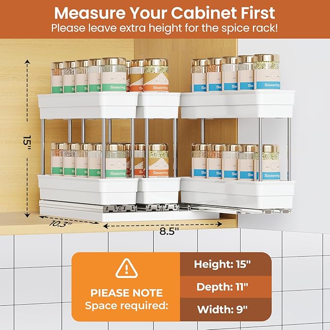3 Packs Pull Out Spice Rack Organizer for Cabinet, Vertical Spice Rack Pull Out, Heavy Duty Slide Out Seasoning Organizer, 2.3''Wx10.35''Dx8.26''H, 3 Drawers 2 Tiers(White)