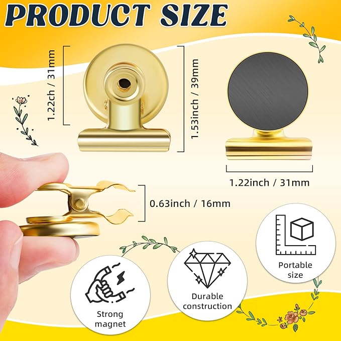 Grtard 6 Pack Magnetic Clips Heavy Duty, Magnet Clips for Fridge, Refrigerator Magnets, Strong Magnetic Clip,Scratch Free Magnets with Clip for Refrigerator, Whiteboard, Classroom, Locker(Gold)