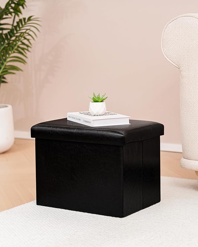 B FSOBEIIALEO Folding Storage Ottoman Cube Faux Leather Ottomans for Living Room, Bedroom, Home Office, Dorm Storage Footrest Black 16.5"x12.6"x12.6"