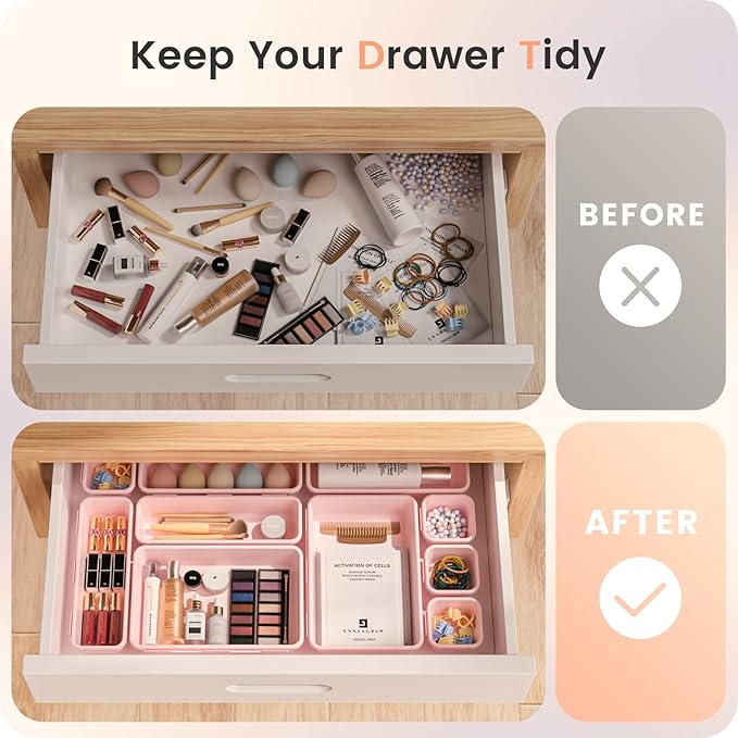 【𝟮𝟮𝗣𝗖𝗦】A-LUGEI Plastic Pink Desk Drawer Organizer, Bathroom Organizers and Storage, Makeup Organizer, Organization and Storage Bin Container for Vanity Office Utensils Gadget Tool Pantry Cosmetic-NeatNest