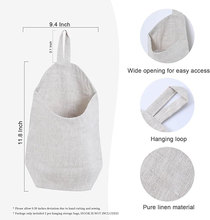 100% Linen Hanging Storage Bags Baskets 2 Pcs, Small Wall Storage Bag for Kitchen, Bedroom, RV Camper Organizer, Sewing Room, Nursery Storage, Kids Room, Linen