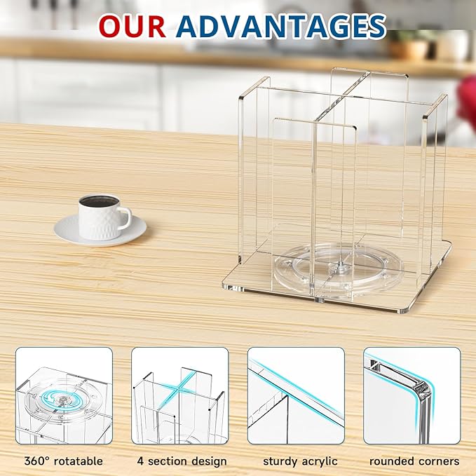 Cup and Lid Holder, 4 Compartment, Square | Rotating Coffee Cup Dispenser Lid Carousel for Restaurant, Buffet, Coffee Station, Bar, Countertop, Clear Acrylic-NeatNest