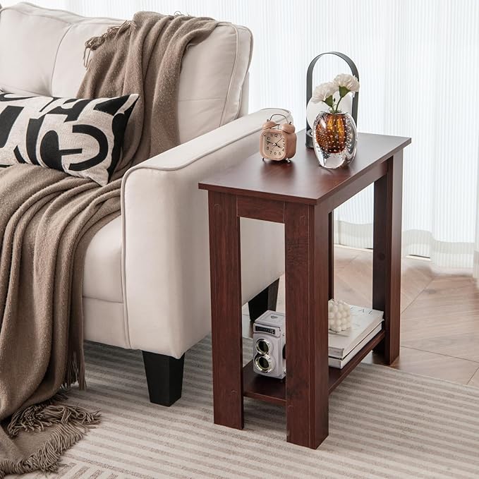GOFLAME 24” Side Table, 2-Tier Rectangular End Table with Storage Shelf, Multipurpose Night Stand for Bedroom, Living Room, Brown