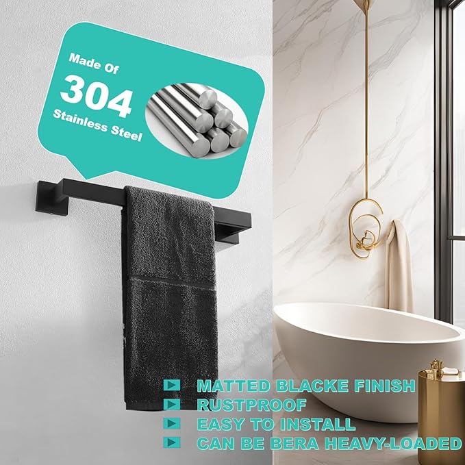 16 Inch Towel Bar for Bathroom 12/16/24/28/32/36 Inch Kitchen Towel Holder Matte Black Towel Rod Wall Mounted SUS304 Rustproof Towel Rack Modern Square Design (1, Matte Black, 16 Inch)
