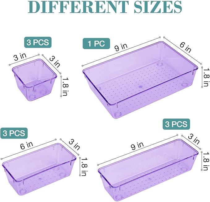 10 PCS Drawer Organizer Set, 4 Varied Size Bathroom and kitchen Drawer cabinet organizer Trays, Clear Storage Bins for Makeup, Jewelry, Utensils and Gadgets, Purple-NeatNest