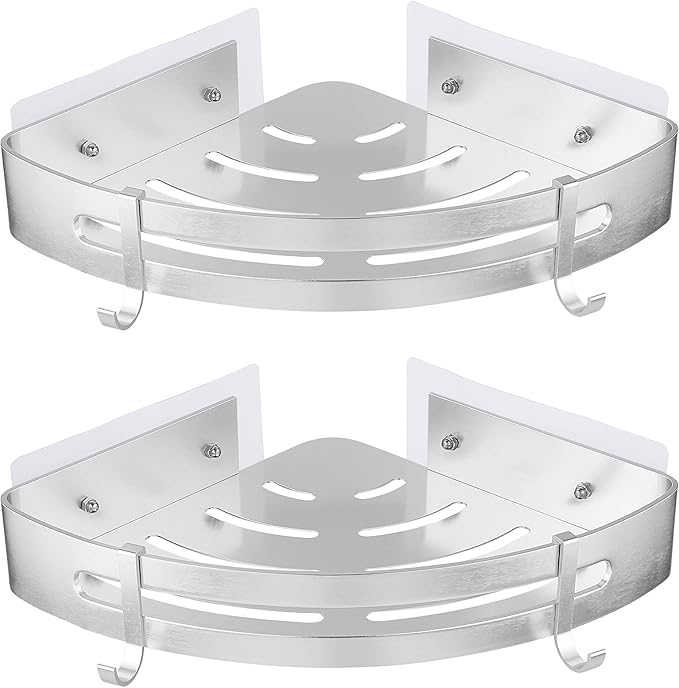 JASTT Bathroom Corner Shelf Adhesive Shower Shelf Wall Mounted Bath Shelves Shower Caddy with Hook Storage Rack Shower Organizer Corner Shelf No Drilling Shower Caddy Basket Rust Proof 2 Packs Silver