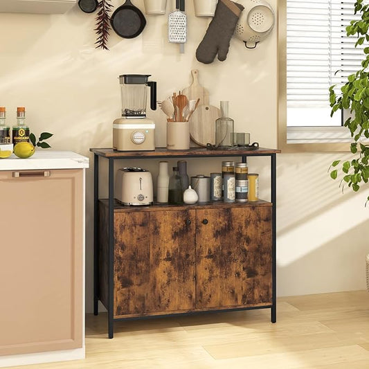 Buffet Cabinet, Industrial Storage Cabinet with Doors and Shelves, Wood Buffets & Sideboards, Farmhouse Coffee Bar, Rustic Console Table for Kitchen, Dining Living Room, Entryway-NeatNest