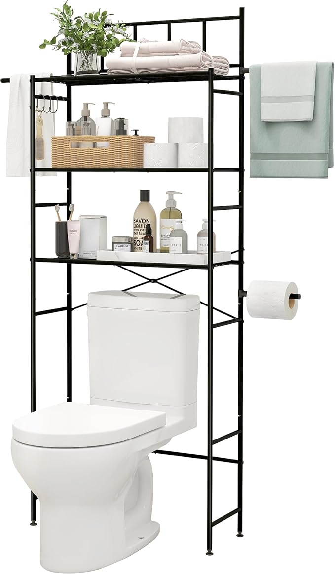 3-Tier Over The Toilet Storage Rack, Freestanding Bathroom Shelves Organizer with Hooks and Toilet Paper Holder, Space Saver Metal Shelf for Small Bathroom, Grey
