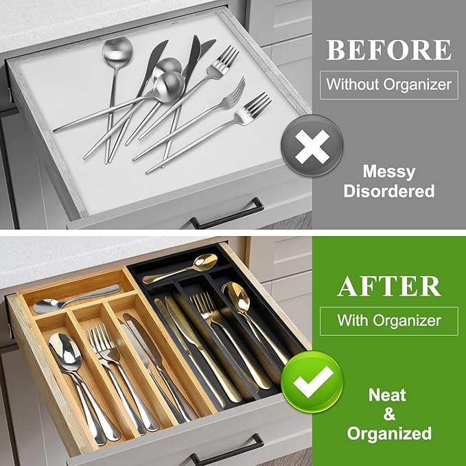 Ayiaren Small Wooden Silverware Organizer Tray Narrow Kitchen Drawer Dividers Utensil Organizers and Storage Black Cutlery Trays Spoon Flatware Organizer for Drawer Bamboo Cutlery Utensil Holder Tray-NeatNest