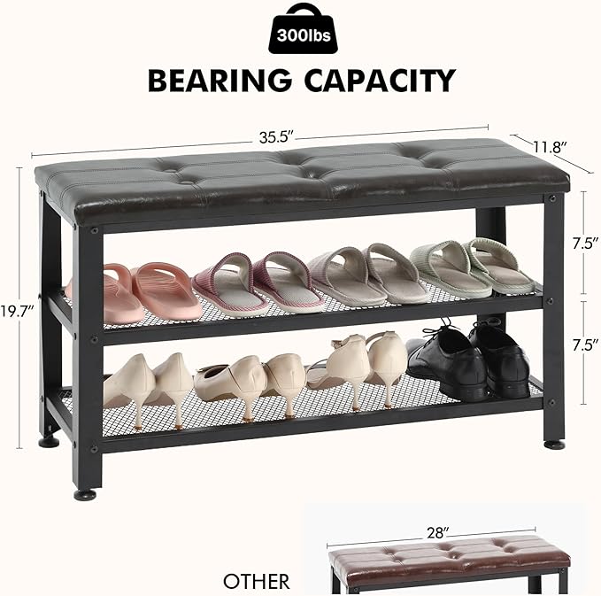 Apicizon 35.5" Shoe Rack Bench, 3-Tier Entryway Bench, with Leather Seat and Metal Frame, Loads 300 lb, Suitable for Living Room, Hallway, Mudroom, Doorway, Black-NeatNest