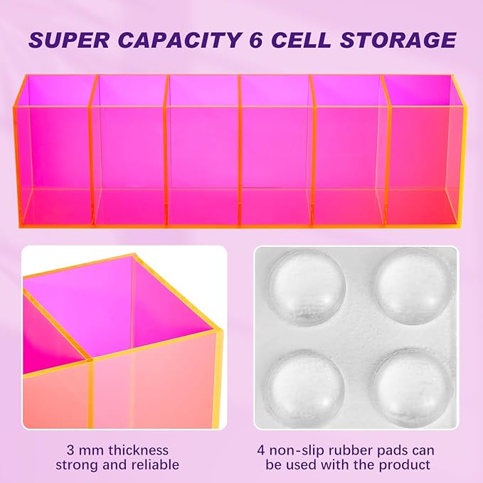 Jetec Acrylic Pen Holder 6 Compartments Makeup Brush Stationery Organizer Pencil Holder for Desk Accessories, Cosmetic Brushes, Dorm, Home, Bathroom, Kitchen, Office Supplies(Neon Pink)-NeatNest