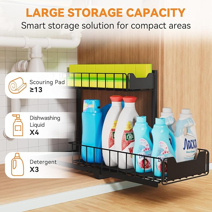 2 Pack Metal Under Sink Organizer, Pull Out Cabinet Organizer Rack with Silk-Smooth Bottom Drawer, Easy to Install, Multi-Purpose Storage Shelf for Bathroom, Kitchen, Vanity, Pantry-NeatNest