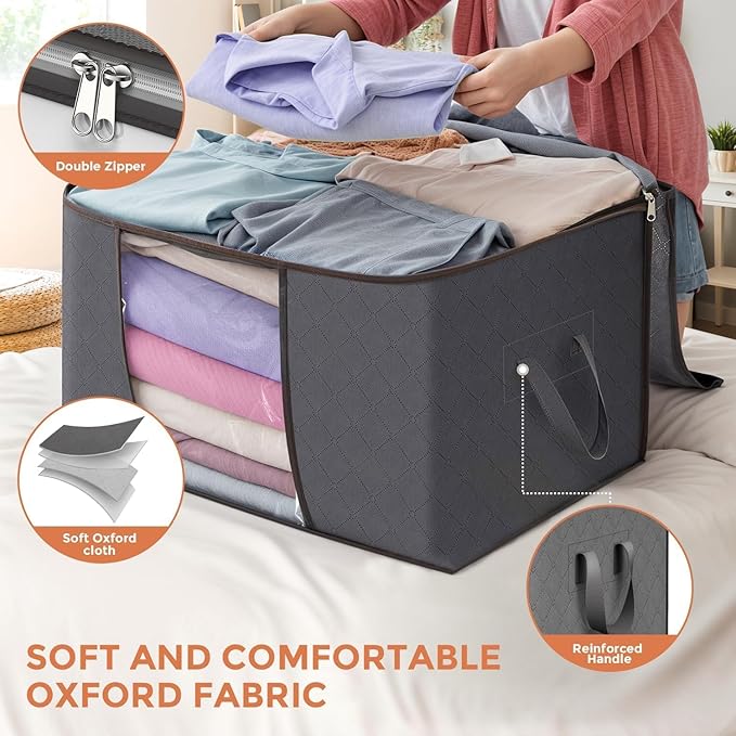 Budding Joy 90 L Large Storage Bags, 10 Pack Clothes Storage Bins Foldable Closet Organizers Storage Containers with Reinforced Handle for Clothing, Blanket, Comforters, Bed Sheets, Pillows (Gray)-NeatNest
