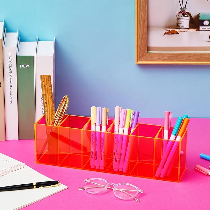 Jetec Acrylic Pen Holder 6 Compartments Makeup Brush Stationery Organizer Pencil Holder for Desk Accessories, Cosmetic Brushes, Dorm, Home, Bathroom, Kitchen, Office Supplies(Neon Pink)-NeatNest