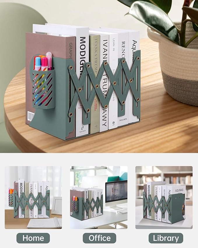 Honagu Adjustable Bookends, Metal Book Ends for Shelves Heavy Book, Desk Magazine File Organizer for Home, Office, Books, Papers, Extends up to 19 inches with Pen Holder (Green)