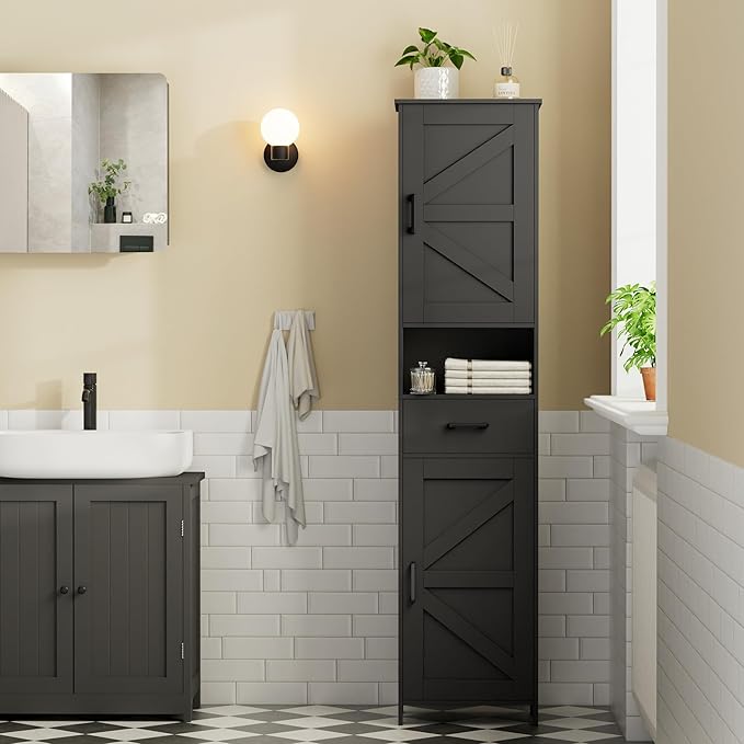 Homhedy 67" H Tall Bathroom Storage Cabinet with 2 Barn Doors and 1 Drawer, Storage Cabinet, Adjustable Shelves, Floor Cabinet for Bathroom, Living Room, Entryway, Kitchen, Black, (15.7" W)