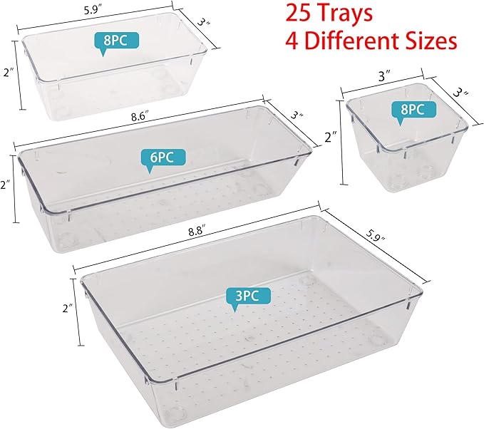 25 PCS Clear Plastic Drawer Organizer Set,Vanity Organizer Storage Bins Containers,4 Size Desk Drawer Organizer Tray-NeatNest