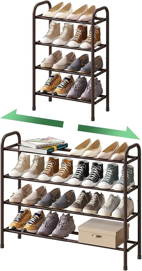 Metal Shoe Rack, Expandable Metal Shoe Rack for Closet, Entryway & Hallway (Brown, 4-Tier_Long)-NeatNest