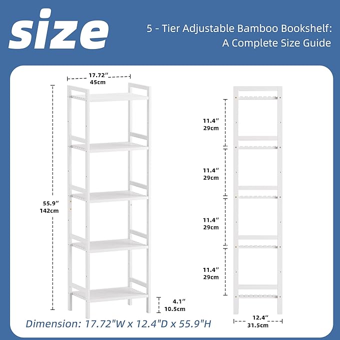 HITNET 5 Tier Bamboo Shelf, Tall Narrow Bookcase, Freestanding Bathroom Storage Unit with Adjustable Shelves, Modern Display Standing Bookshelf for Living Room, Bedroom, Home Office, White