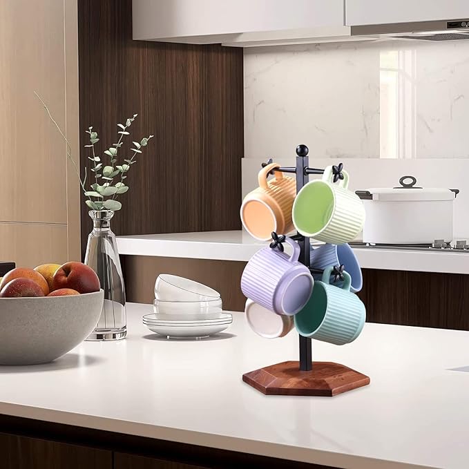 Coffee Mug Holder, Mug Tree for Counter, Cup Holder with 6 Floral Hooks, Wooden Mug Rack, Mug Stand for Counter, Coffee Bar Station Organizer, Black-NeatNest