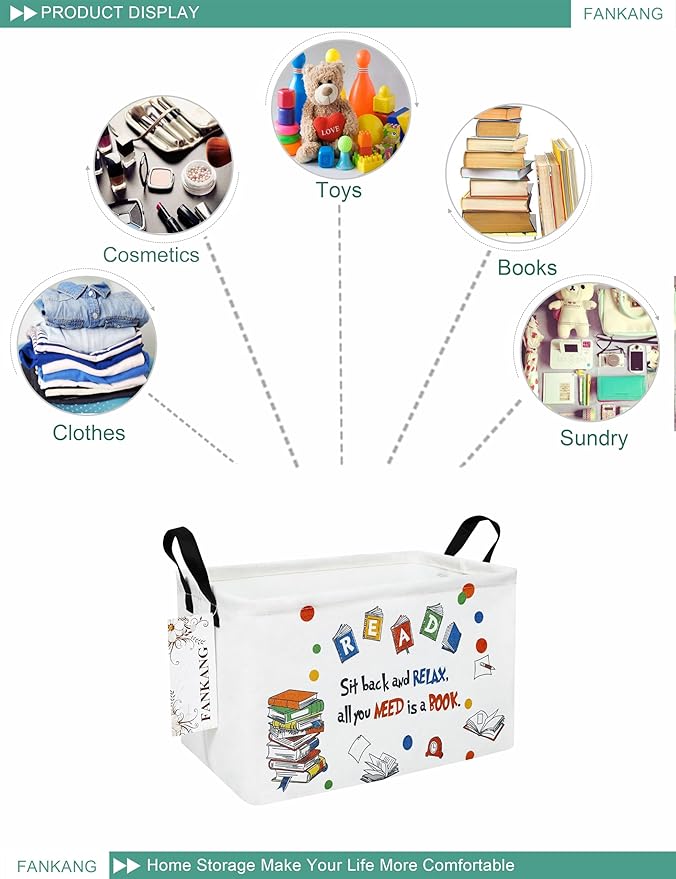 FANKANG Storage Bins, Nursery Hamper Canvas Laundry Basket Foldable with Waterproof PE Coating Large Storage Baskets for Kids Boys and Girls, Office, Bedroom, Clothes,Toys(Rec-Reading ）
