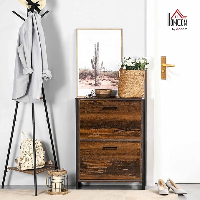 HOMCOM Industrial Shoe Cabinet with 2 Flip Drawers, Freestanding Shoe Storage Cabinet for 12 Pairs, Narrow Slim Shoe Rack for Entryway, Hallway, Rustic Brown