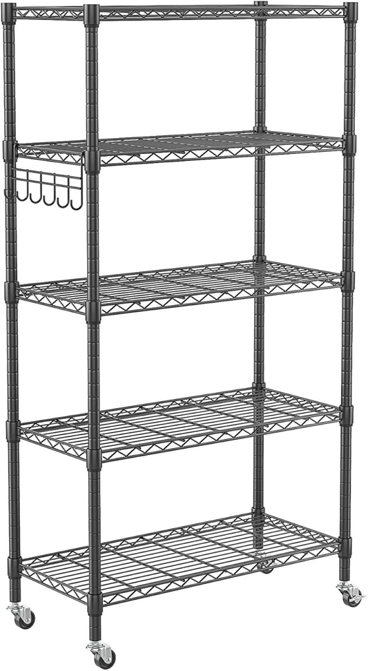 Homdox 5 Tier Metal Storage Shelves with Wheels, Heavy Duty Wire Shelving Unit, Adjustable Storage Racks with Side Hooks for Bathroom Kitchen Garage Pantry Organization, Black-NeatNest
