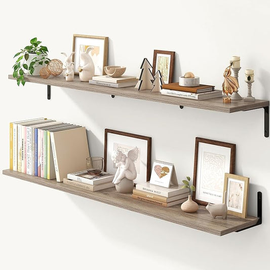 Fun Memories Deep Floating Shelves, 55W x 8D Floating Shelves Set of 2, Wall Mounted Shelf with Metal Brackets, Rustic Wood Wall Shelf for Bathroom, Kitchen and Living Room, Grey-NeatNest