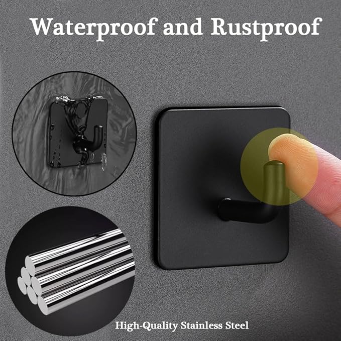 Adhesive Hooks for Hanging, Self-Adhesive Wall Hook for Key Hat Coat, No Drill Stick on Bathroom Towel Hooks, Shower Kitchen Door Home Outdoor 8 Pack, Black