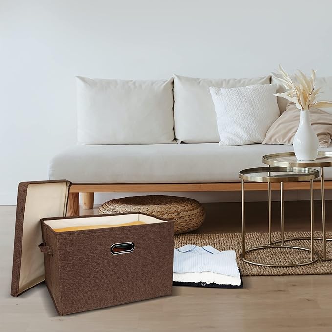 DAYARD Foldable Storage Boxes with Lids Linen Fabric Stackable Storage Bins Organizer Containers Baskets Cube with Cover for Closet Office Nursery, Coffee XL (20 x 14 x 12)-NeatNest