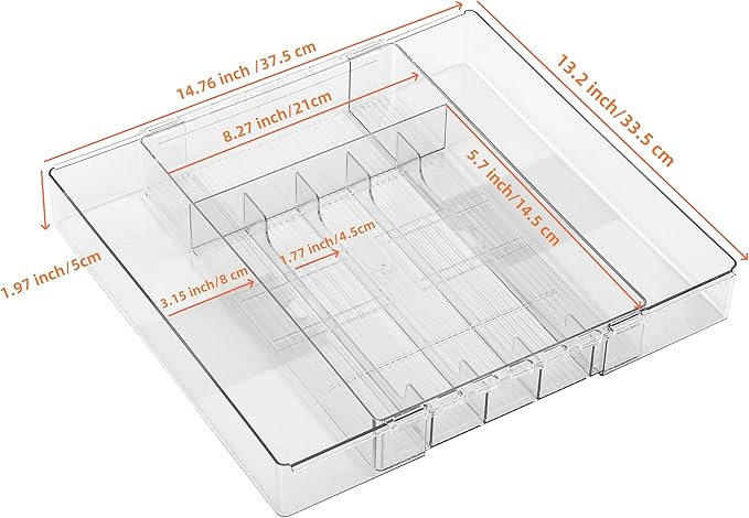 IEEK Silverware Drawer Organizer Tray for Kitchen,Expandable Utensil Tray Multipurpose Drawer Dividers Adjustable Cutlery and Flatware Holder,Plastic Spoon Forks Knives Holder Storage Divider,Clear-M-NeatNest