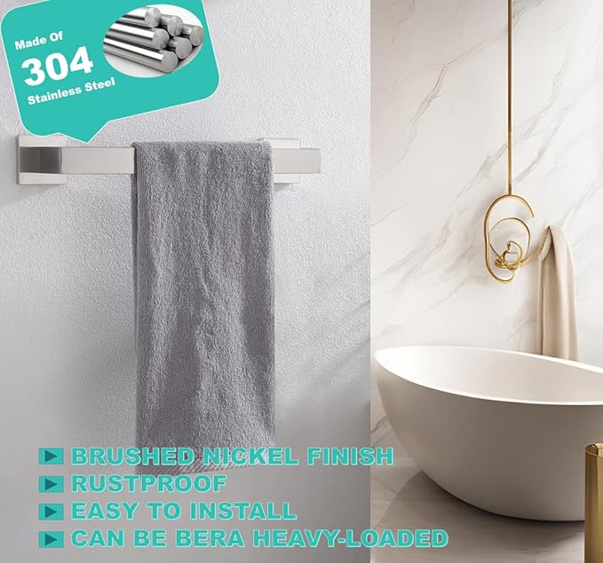 12 Inch Towel Bar for Bathroom 12/16/24/28/32/36 Inch Kitchen Towel Holder Brushed Nickel Towel Rod Wall Mounted SUS304 Rustproof Towel Rack Modern Square Design (1, Brushed Nickel, 12 Inch)
