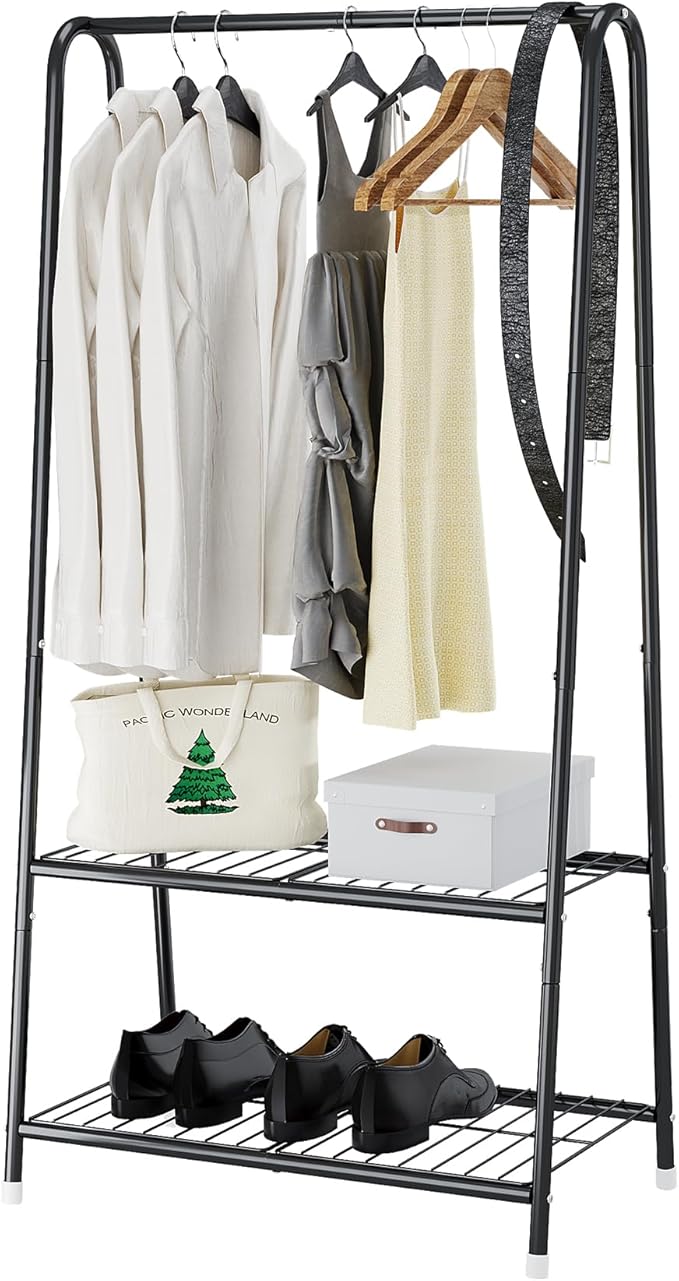 Buzowruil Metal Small Clothes Rack,Clothing Garment Rack with Double Layer Shelf for Clothes,Dress, Shoes,Black-NeatNest