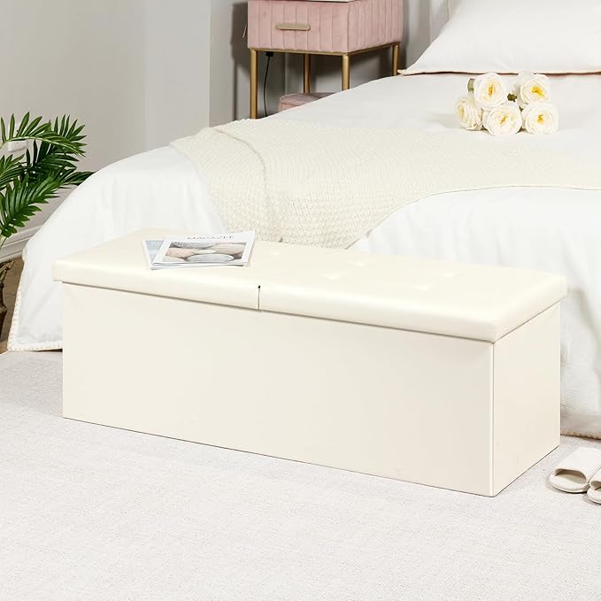 B FSOBEIIALEO Storage Ottoman with Filpping Lids, Ottoman Storage Bench Footrest Seat, Storage Chest Faux Leather 43.3"x15"x15" (White)