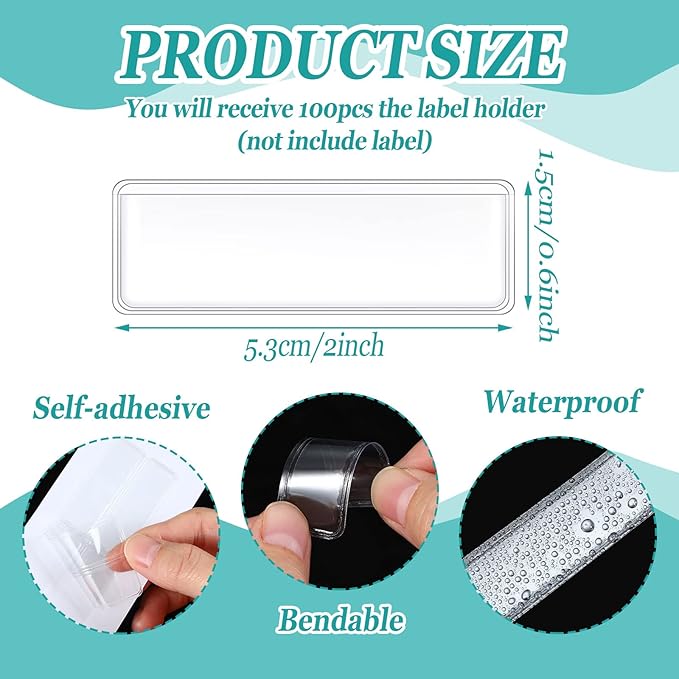 Jeyiour 100 Pcs Label Holders Adhesive Nameplate Pockets Storage Bin Labels Index Card Holder Shelf Plastic Peel Stick for Classroom Supermarket Bookshelf Library Student Box Drawer (2 x 0.6 Inch)