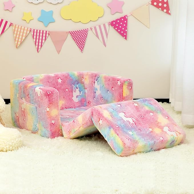 ALIMORDEN 2-in-1 Flip Out Cuddly Sherpa Toddler Couch, Convertible Sofa to Lounger,Glow-in-The-Dark Unicorn Pattern-NeatNest