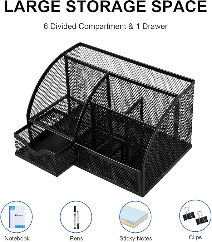 Comix Mesh Pen Pencil Holder Desk Organizer, 7 Compartment Wire Desktop Pen Pencil Cup Caddy Office Supplies for Home Office School, Black-NeatNest