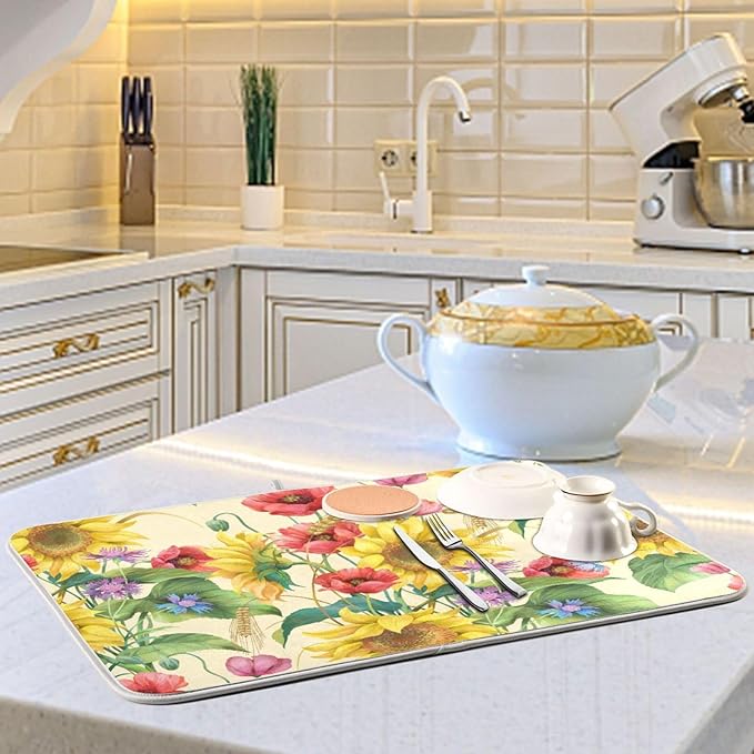 Fall Dish Drying Mat Microfiber Dish Drying Pads Kitchen Counter Draining Pad Sunflower Cornflower Poppy 16 x 18 Inches