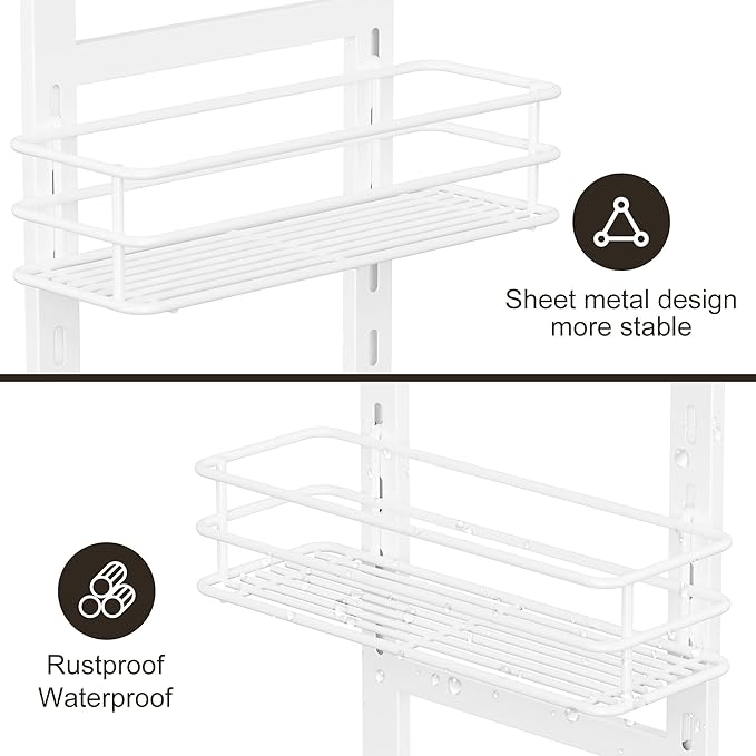 Orimade Adjustable Anti-slip Shower Caddy Over Head, Rustproof Bathroom Hanging Organizer with 2 Hooks, No Drilling Shower Shelves Storage Rack 3 Tier, White