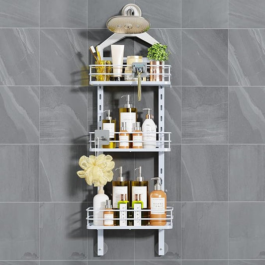 ODesign 3 Tier Height-Adjustable Shower Caddy Hanging Anti-Swing-Over The Shower Head Caddy-Storage Organizer Bathroom Shelves Basket - White