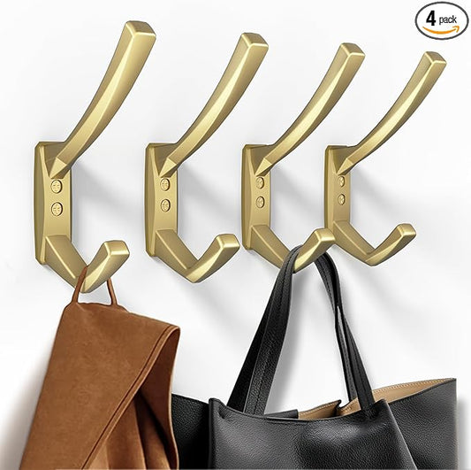 Heavy Duty Wall Hooks, 5.7 Inch Large Coat Hooks, 6 Packs Towel Hooks for Hanging in Bathroom, Bedroom, Entryway, Kitchen, etc (Gold, 4 Pack)